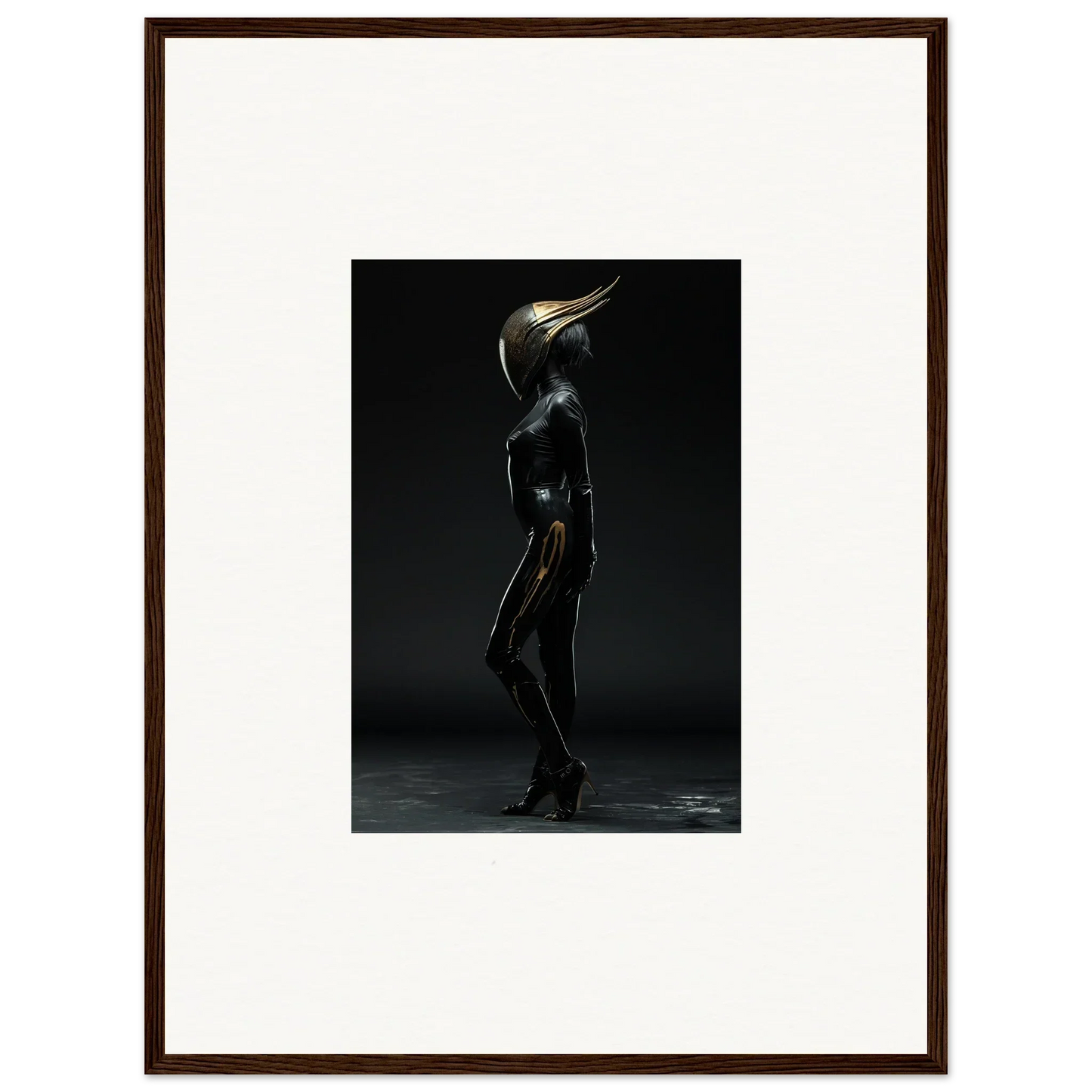 Surreal bird-headed figure in dark metallic finish for unique room decor and framed wall art