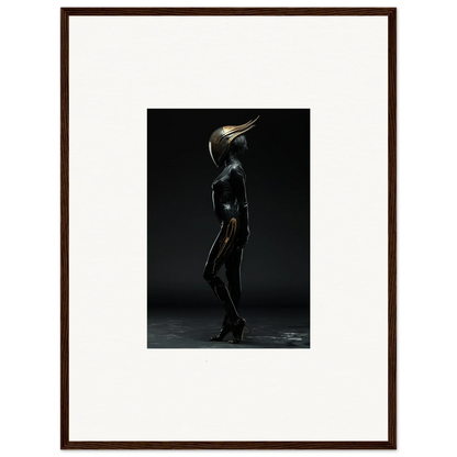 Surreal bird-headed figure in dark metallic finish for unique room decor and framed wall art