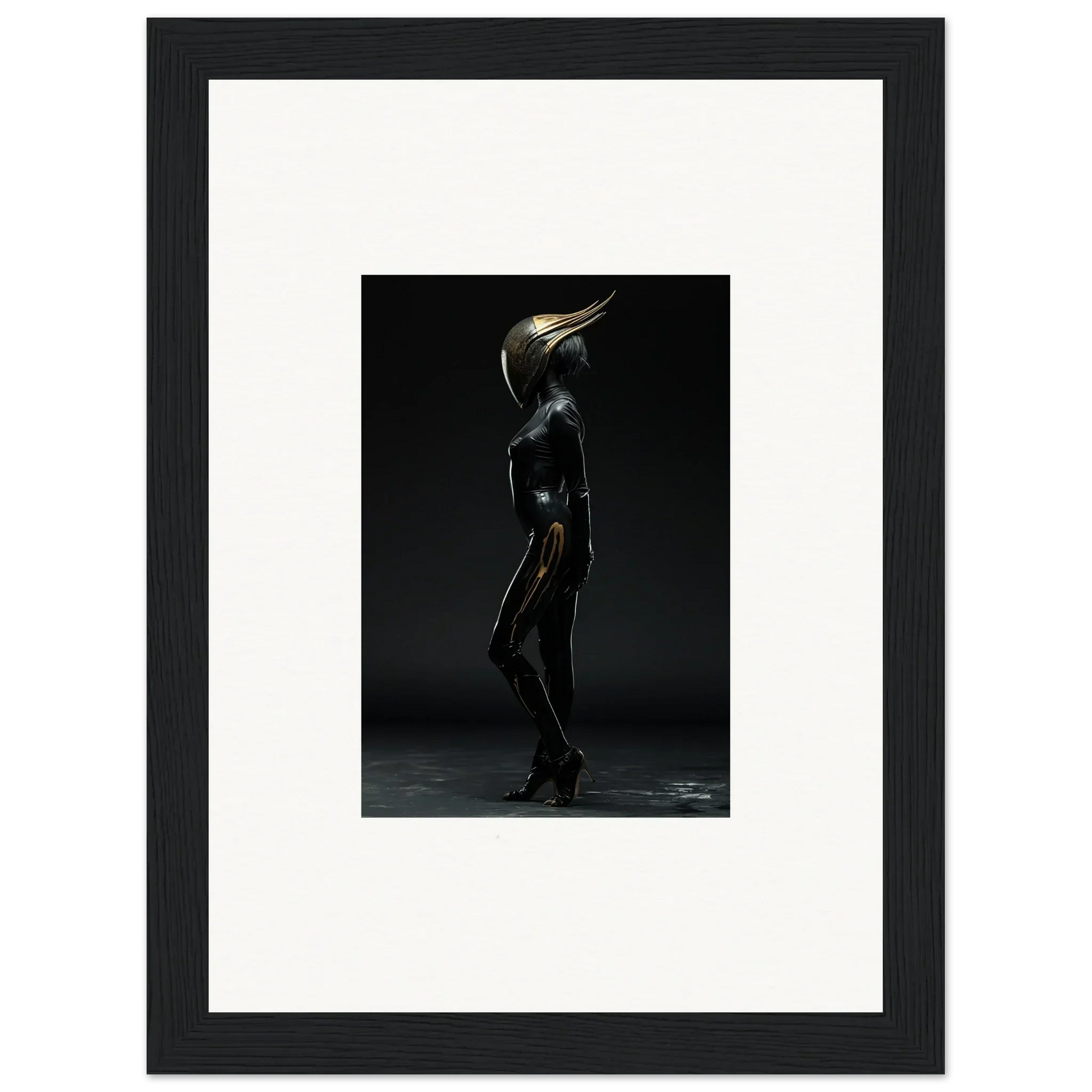 Metallic humanoid figure with pointed head in framed wall art for unique room decor