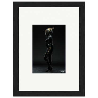 Metallic humanoid figure with pointed head in framed wall art for unique room decor