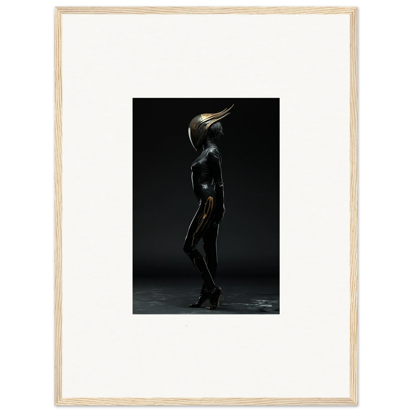 Surreal bird-headed figure in shiny bodysuit for unique room decor and framed wall art