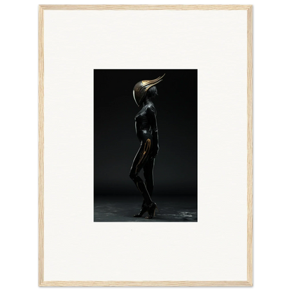 Surreal bird-headed figure in shiny bodysuit for unique room decor and framed wall art