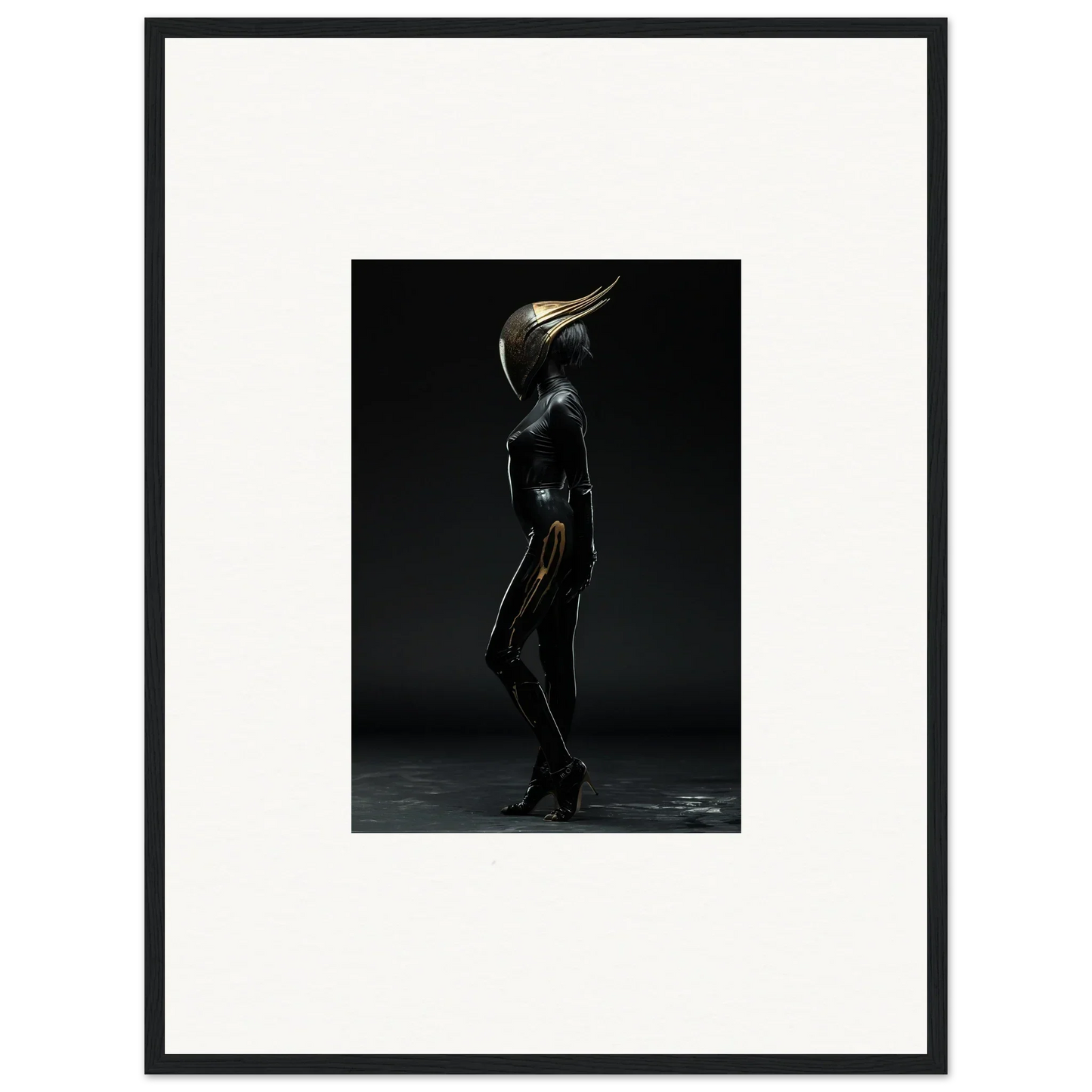 Surreal wall art of humanoid with bird-like head, perfect for modern room decor