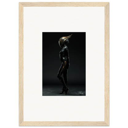 Metallic humanoid figure with beak-like head for unique room decor in framed wall art