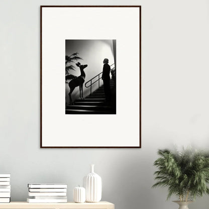 Framed black and white photograph showing a silhouetted figure and deer on stairs.