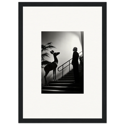 Black and white photograph of a silhouetted figure and deer on stairs.