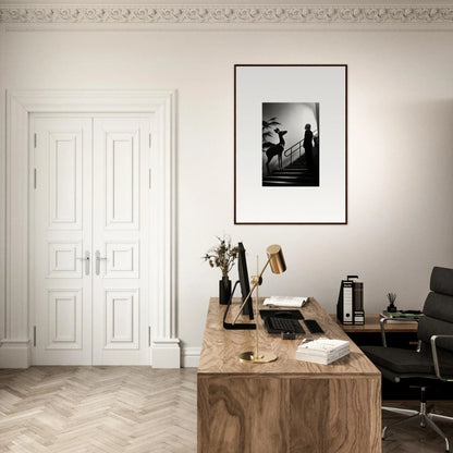 Wooden desk with a typewriter, books, and office accessories in a minimalist workspace.