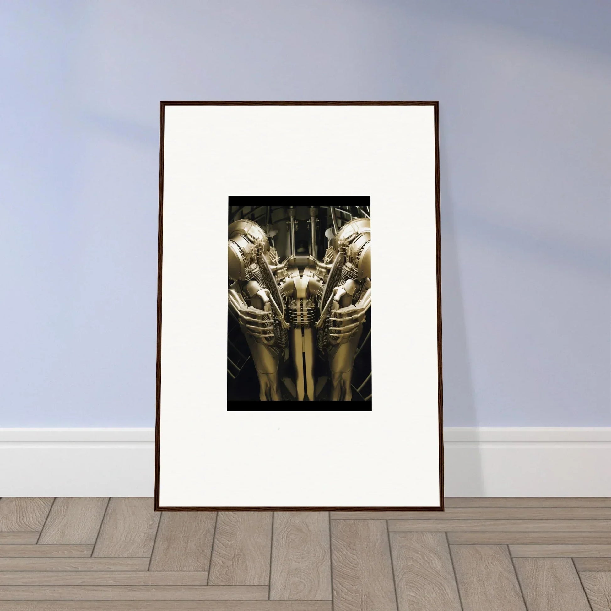 Framed wall art of metallic armor in a symmetrical design for modern room decor