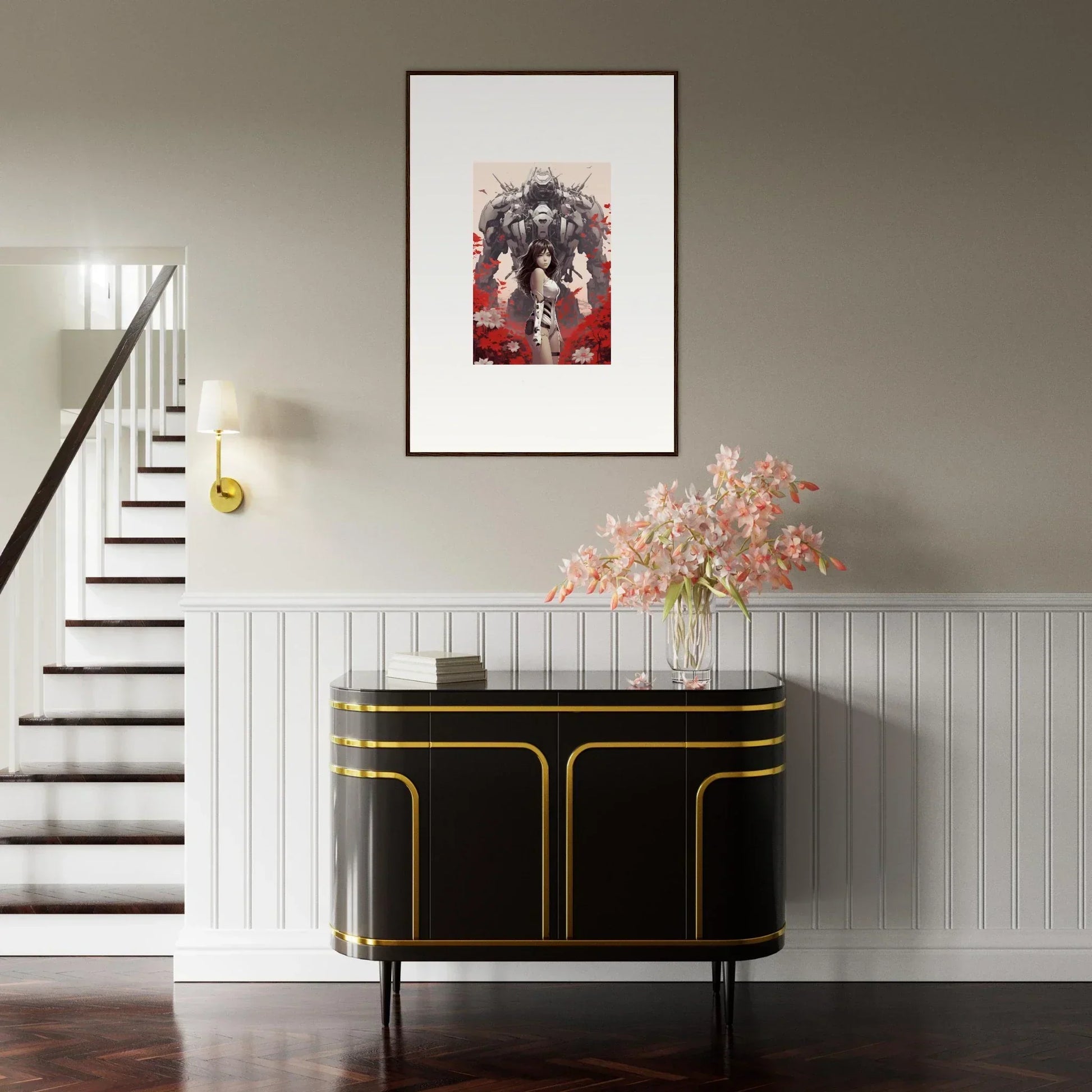 Elegant black sideboard with gold trim for stylish room decoration and Poppy Lucidity vibe