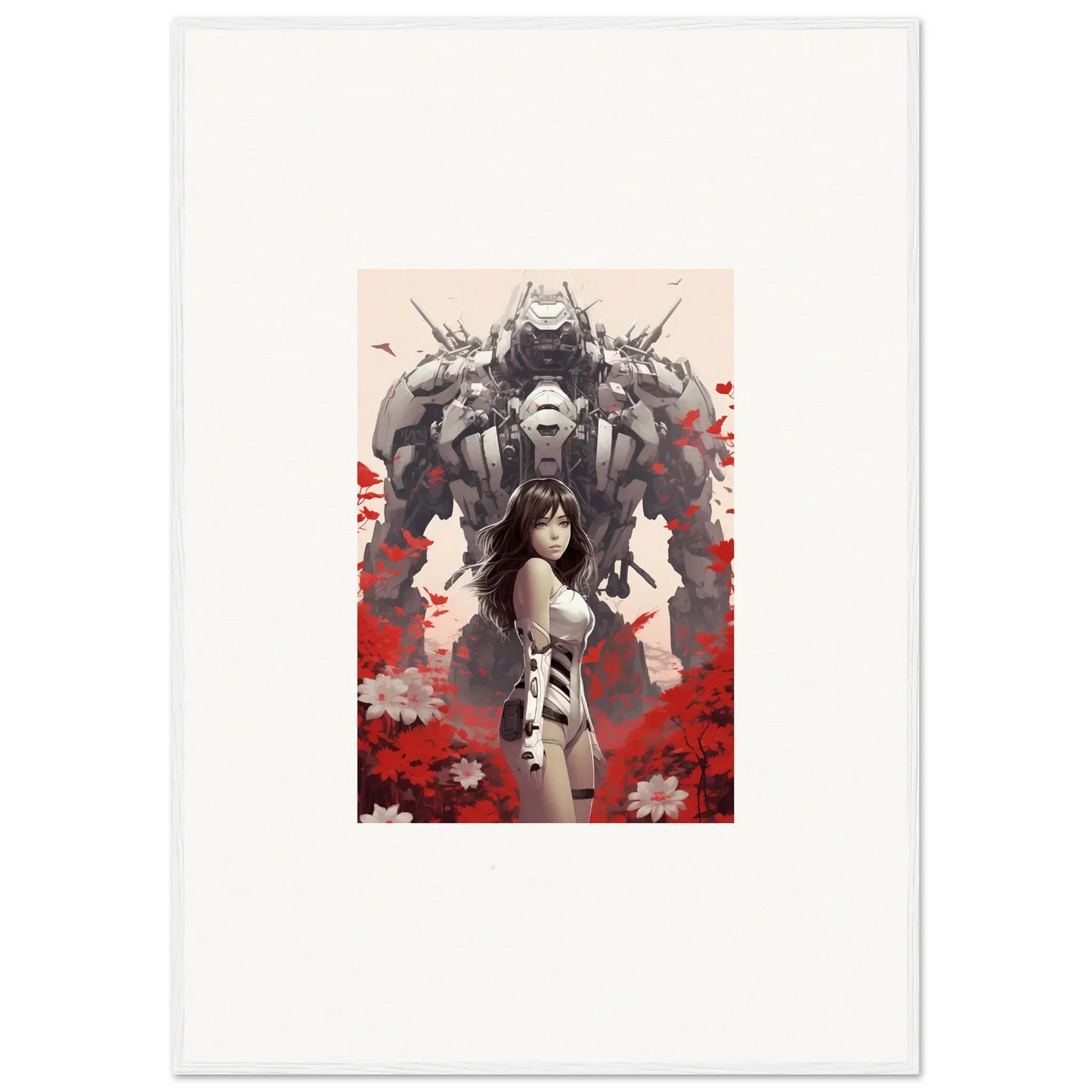 Woman in front of a robotic figure, perfect for Poppy Lucidity room decoration canvas print