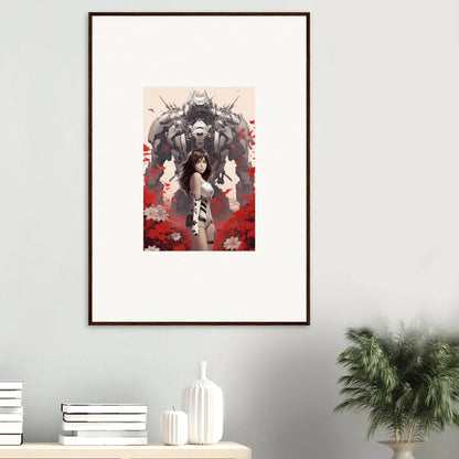 Framed poppy lucidity canvas print of a woman with a robotic figure and red flowers