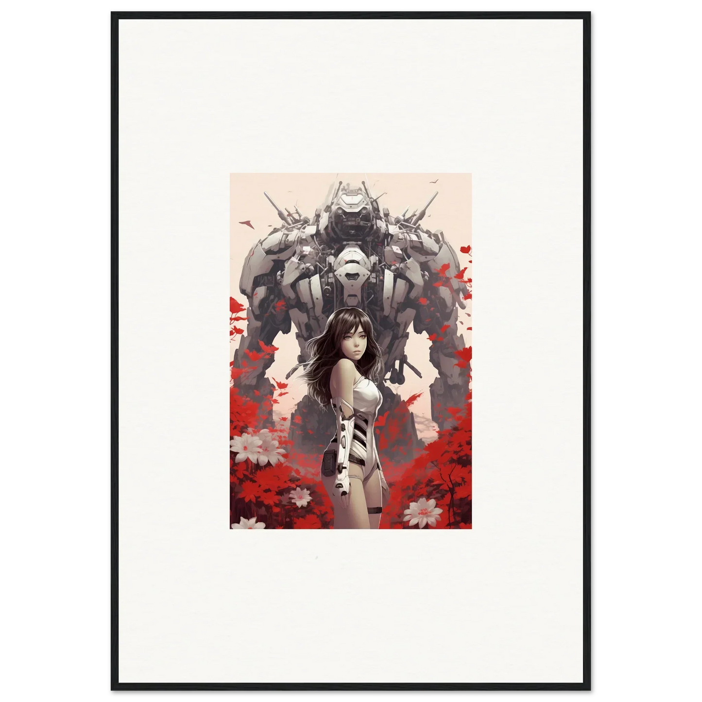 Framed canvas print of Poppy Lucidity with a woman and robot, perfect for room decoration