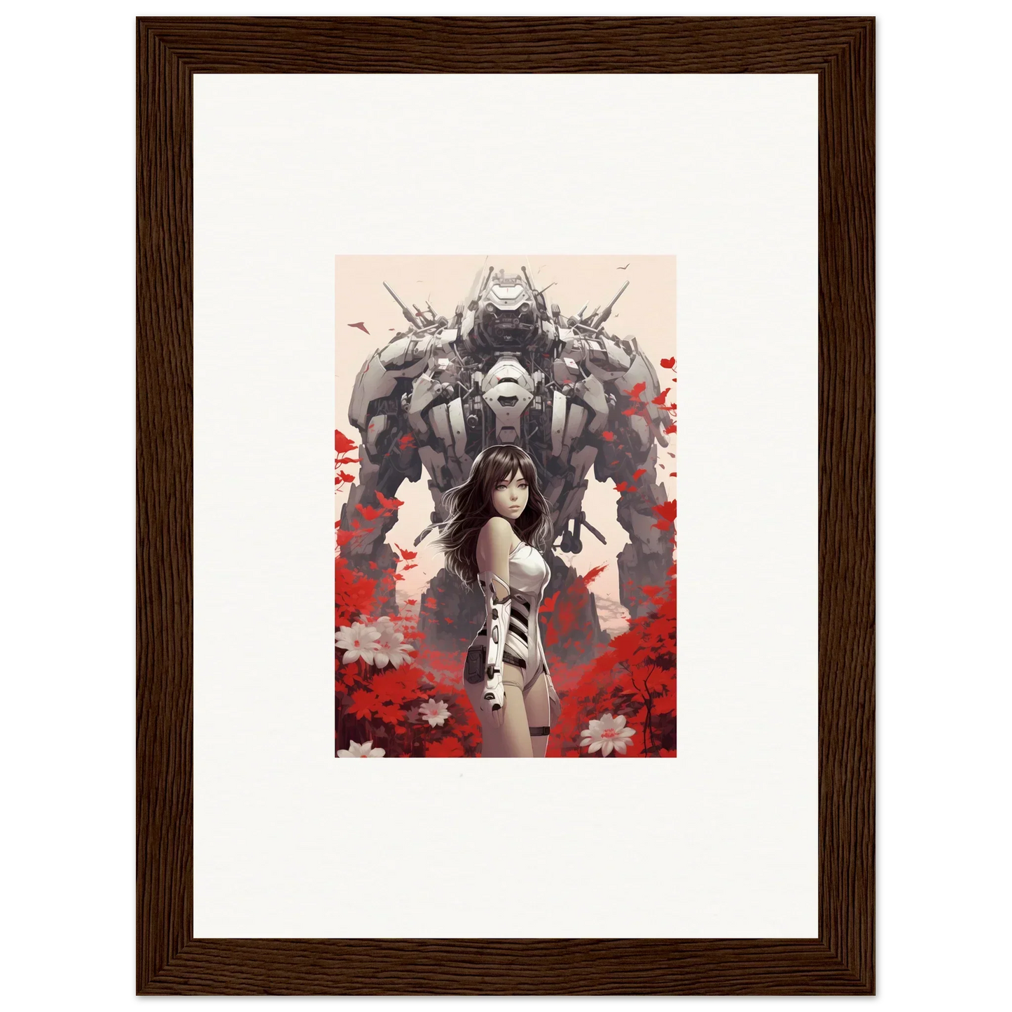 Framed canvas print of a woman with a robotic figure for poppy lucidity room decoration