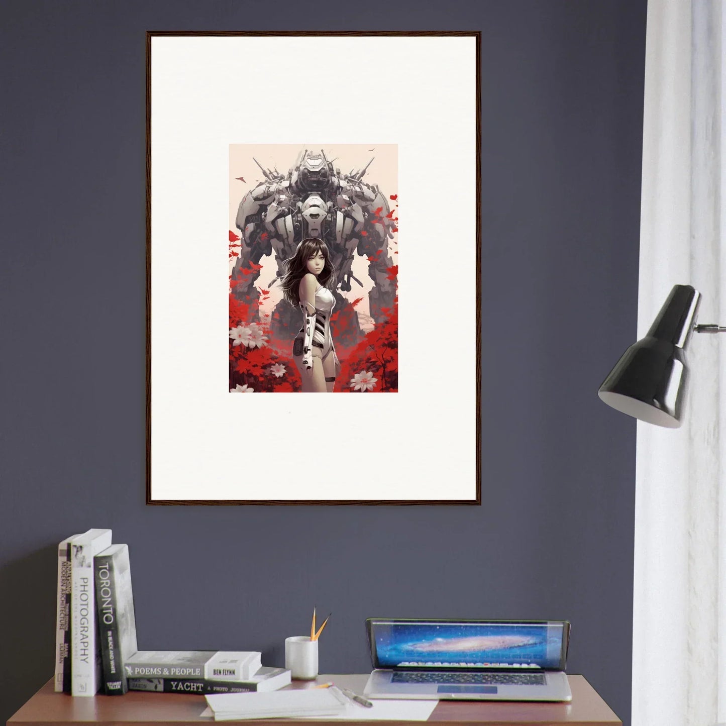 Framed canvas print of a woman and robot, perfect for poppy lucidity room decoration