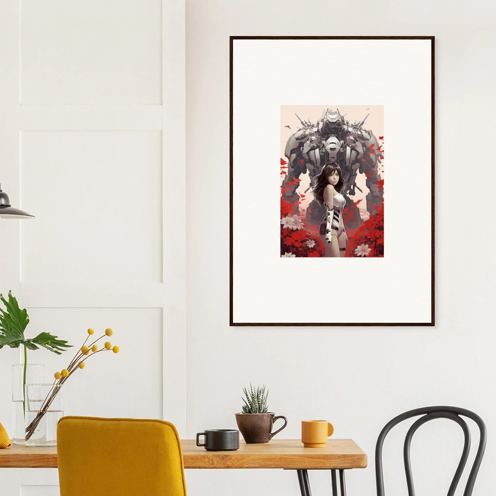 Framed canvas print of Poppy Lucidity with a suited figure and robotic form on red background