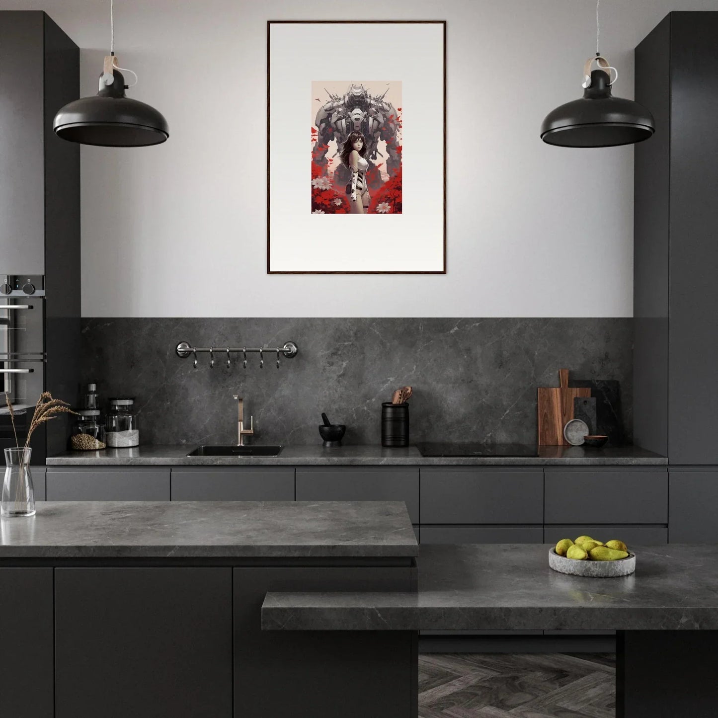 Modern kitchen with dark gray cabinetry and Poppy Lucidity canvas print decor