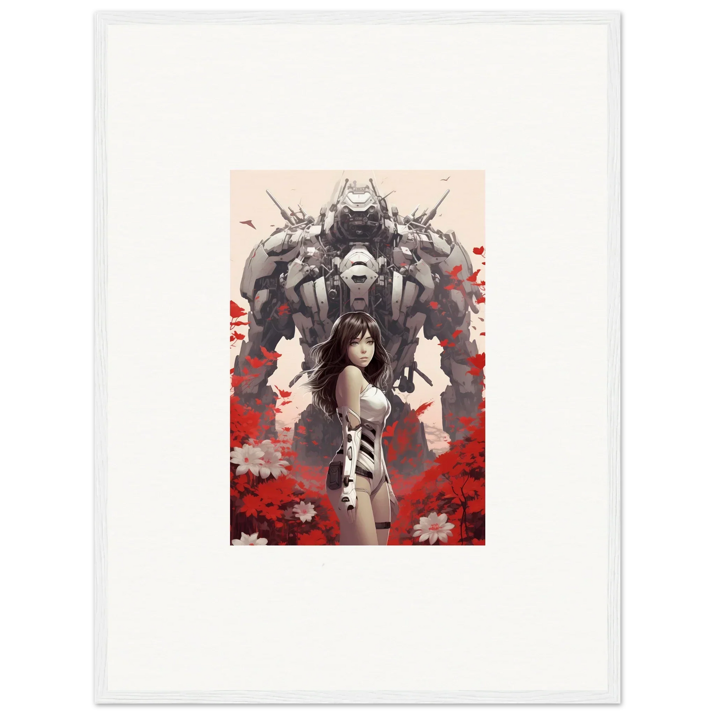 Woman in front of a robotic figure with red flowers, perfect for Poppy Lucidity canvas print