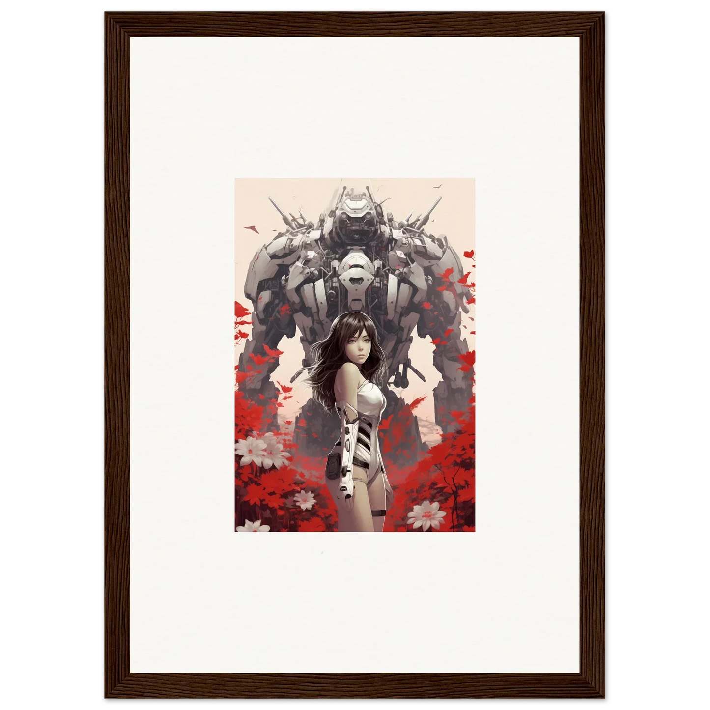 Framed artwork of a woman and a robot with red flowers for unique poppy lucidity room decoration