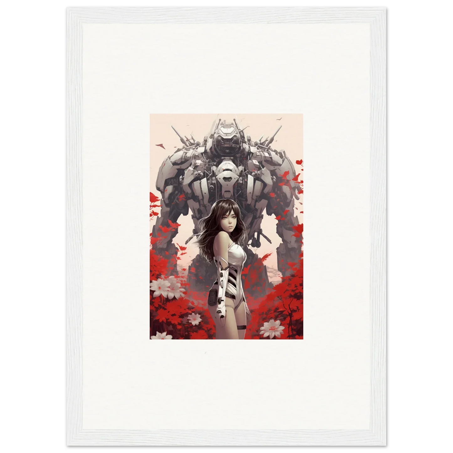 Framed canvas print of a woman with a robot, perfect for poppy lucidity room decoration