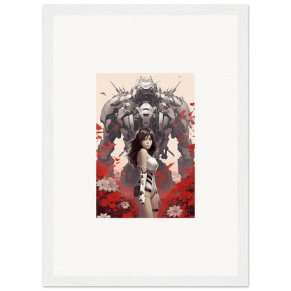 Framed canvas print of a woman with a robot, perfect for poppy lucidity room decoration