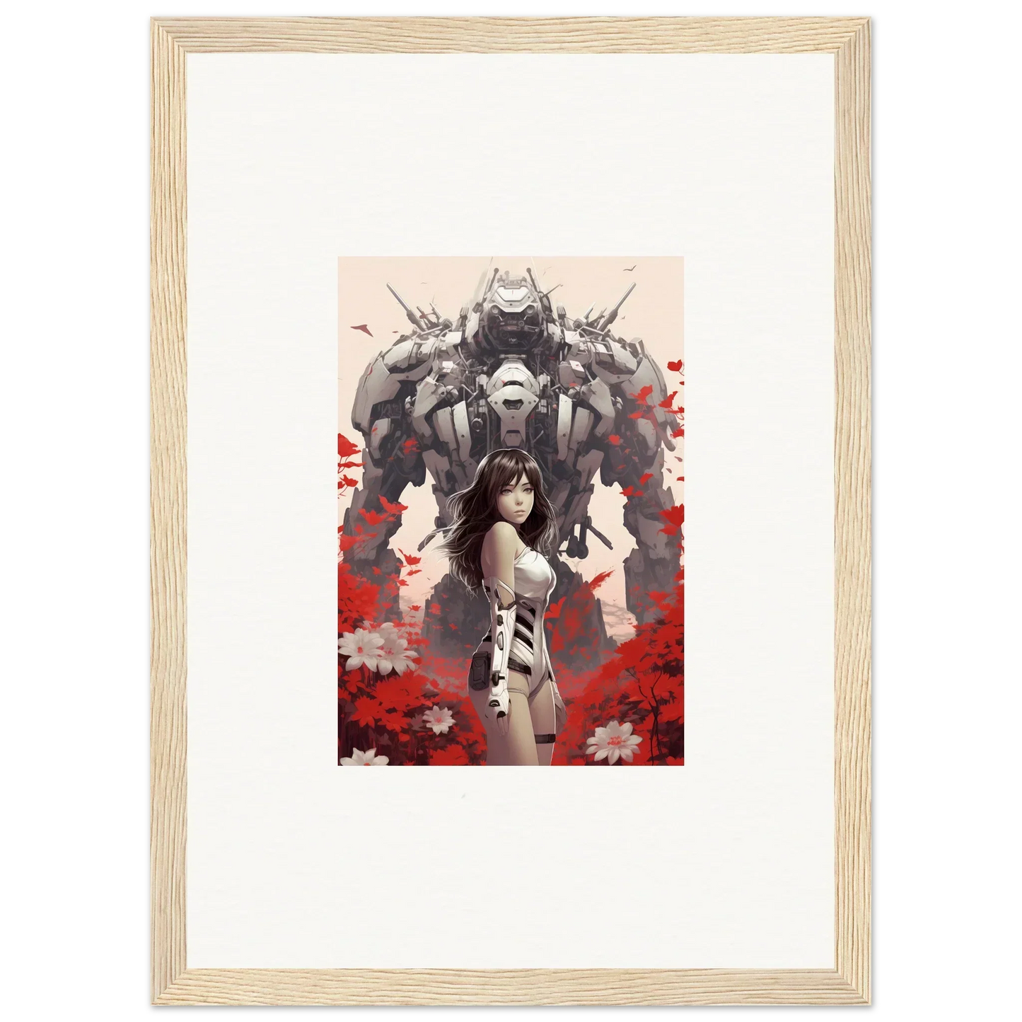 Framed Metallic Poppy Lucidity artwork of a woman and a monster, perfect for room decoration