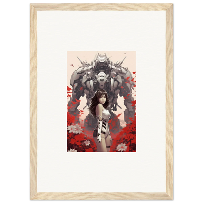 Framed Metallic Poppy Lucidity artwork of a woman and a monster, perfect for room decoration