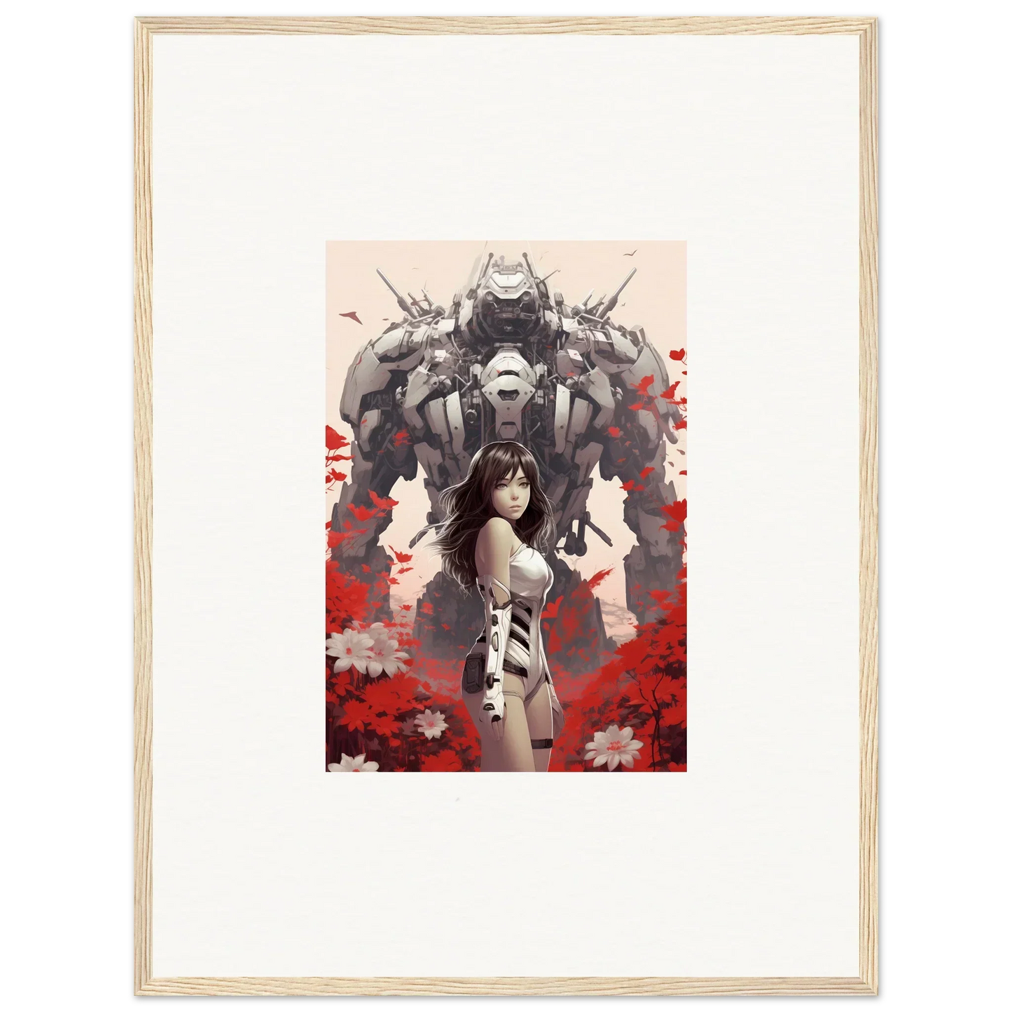 Framed artwork of a woman and robot for vibrant poppy lucidity room decoration