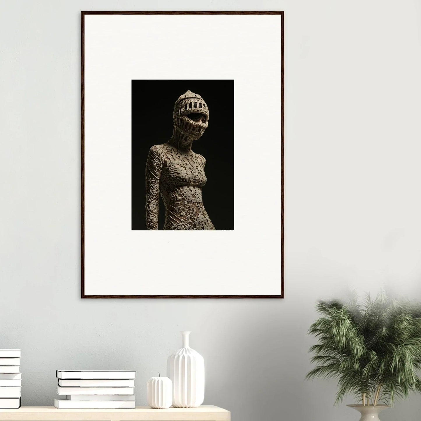 Surreal framed wall art of a textured humanoid figure for unique room decor