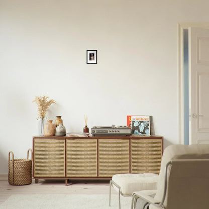 Wooden sideboard with cane-webbed doors, perfect for stylish room decor and framed wall art