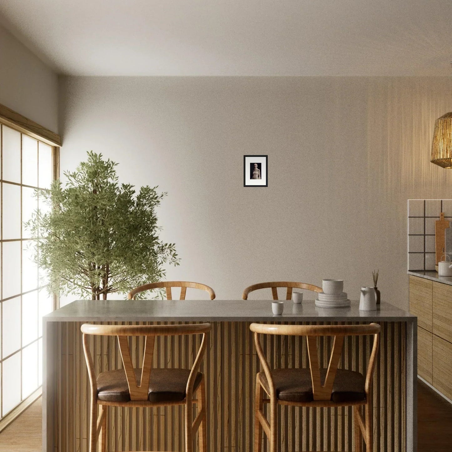 Minimalist dining table with wooden chairs and potted tree centerpiece for stylish room decor