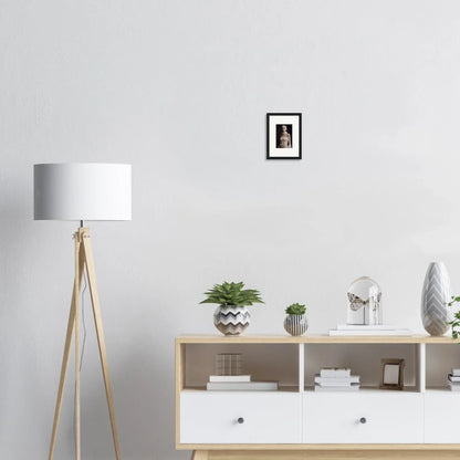 Modern wooden sideboard with white drawers enhancing room decor and showcasing framed wall art