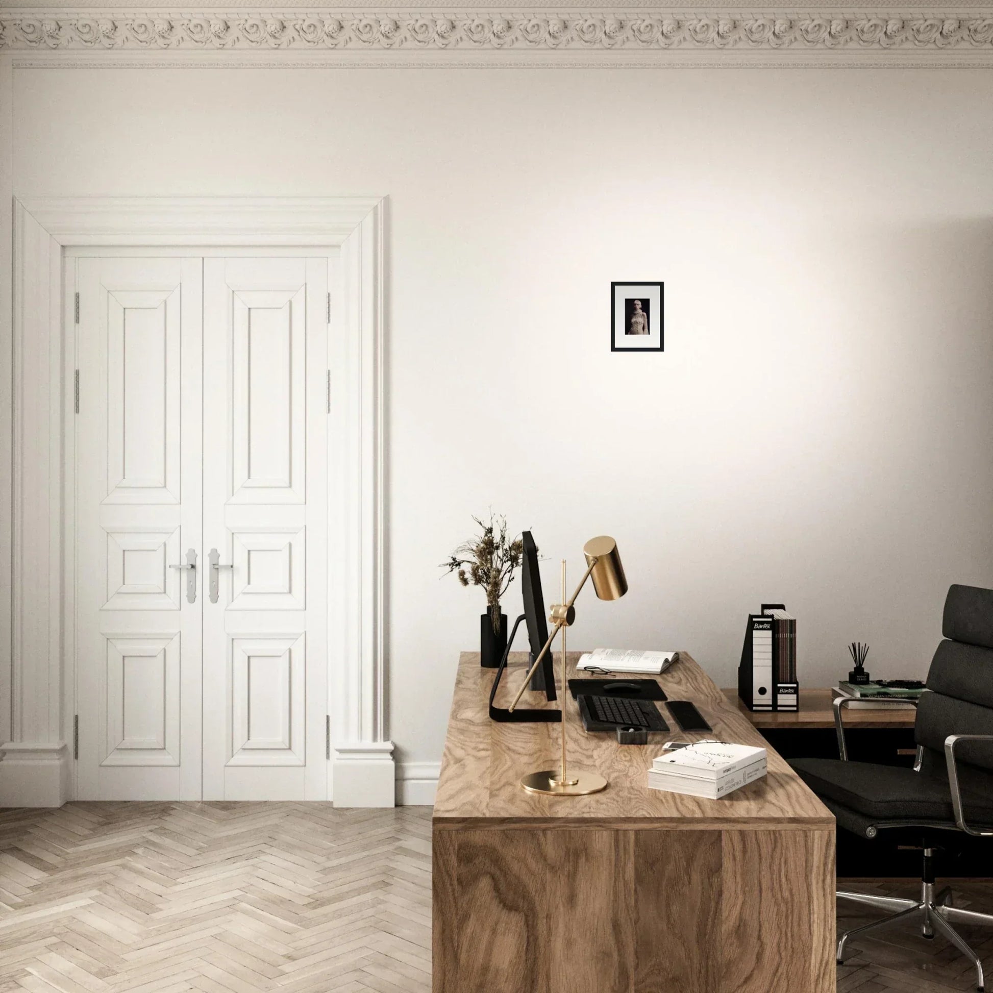 Wooden desk with typewriter and accessories, ideal for stylish room decor