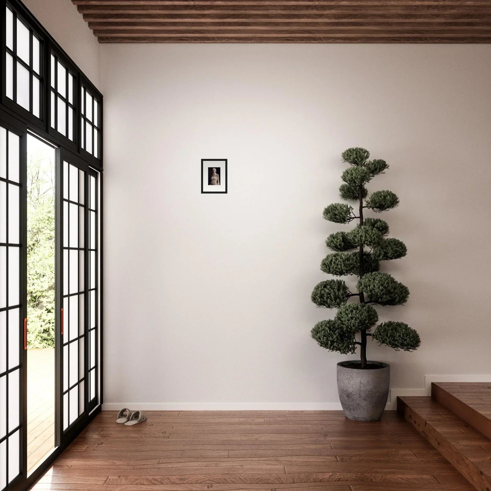 Topiary tree in a concrete pot, perfect for enhancing room decor and framed wall art