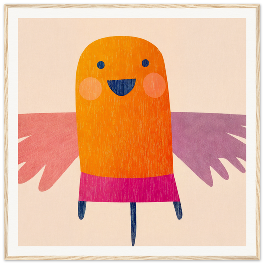 Cheerful orange bird in a pink skirt with purple wings from Midflight Reverie, special edition art™