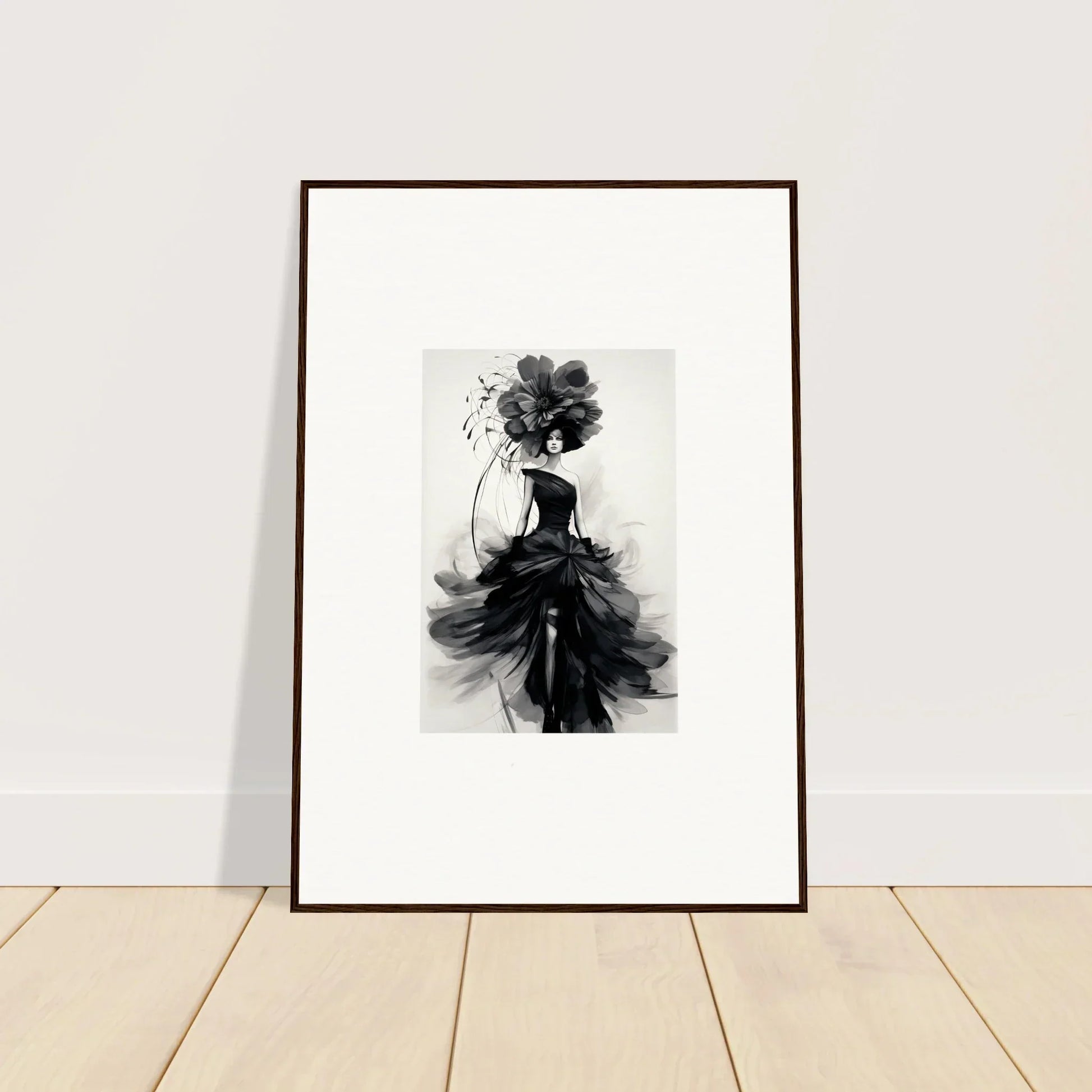 Framed black and white fashion illustration of an elegant dress for Midnight Elegance