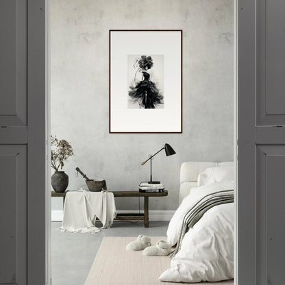 Monochromatic framed wall art of an abstract ink figure in Midnight Elegance design