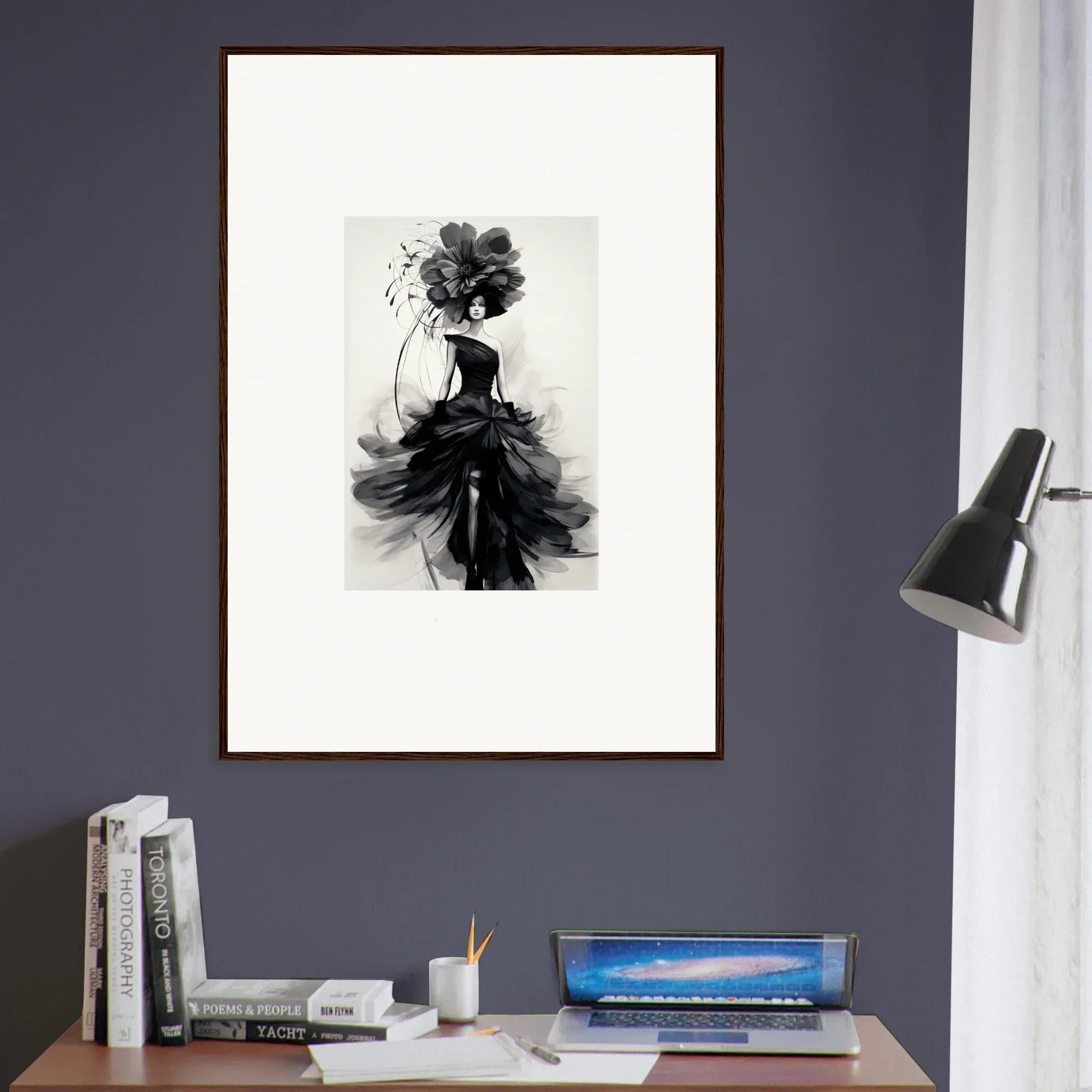 Black and white fashion illustration of an elegant dress for Midnight Elegance special edition art™