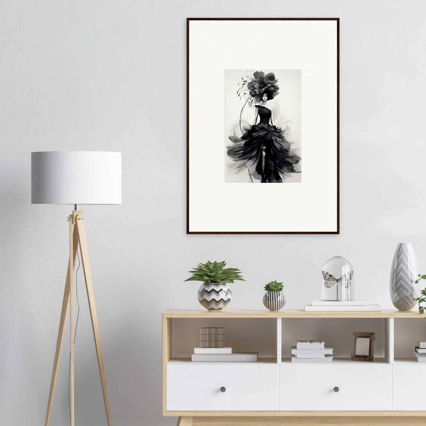 Black and white fashion illustration of an elegant dress in Midnight Elegance framed art