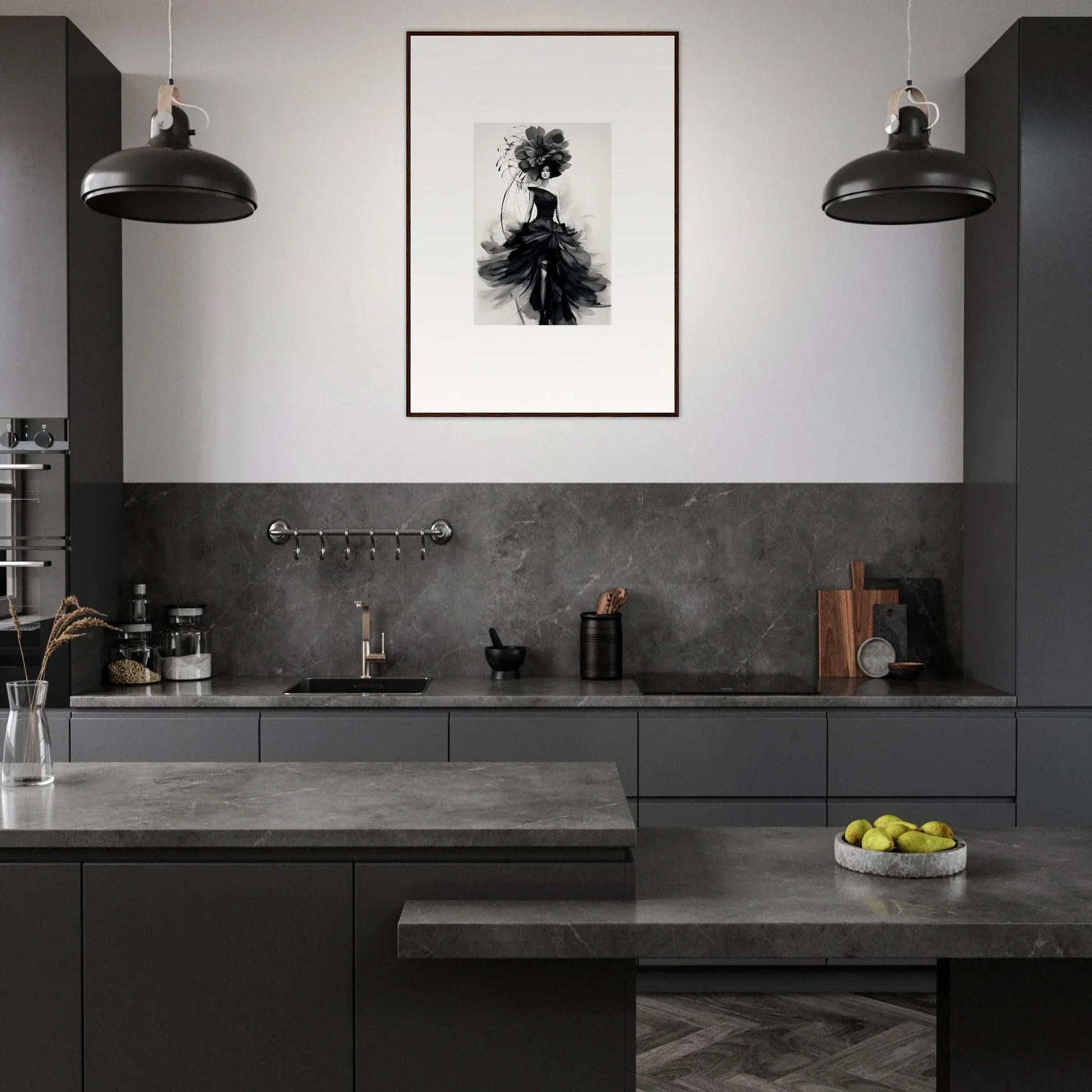 Modern dark gray kitchen featuring black pendant lights and Midnight Elegance framed wall art