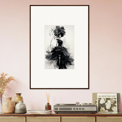 Framed black and white fashion illustration of a flowing dress, Midnight Elegance art