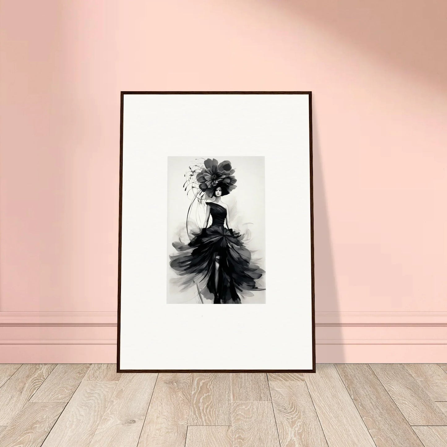 Framed black and white ’Midnight Elegance’ art print of a flowing ink figure