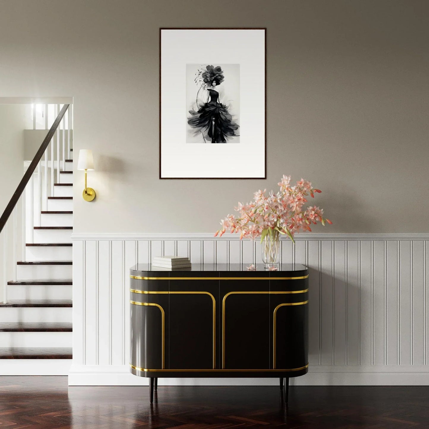 Stylish Midnight Elegance black cabinet with gold trim and curves, perfect for your space