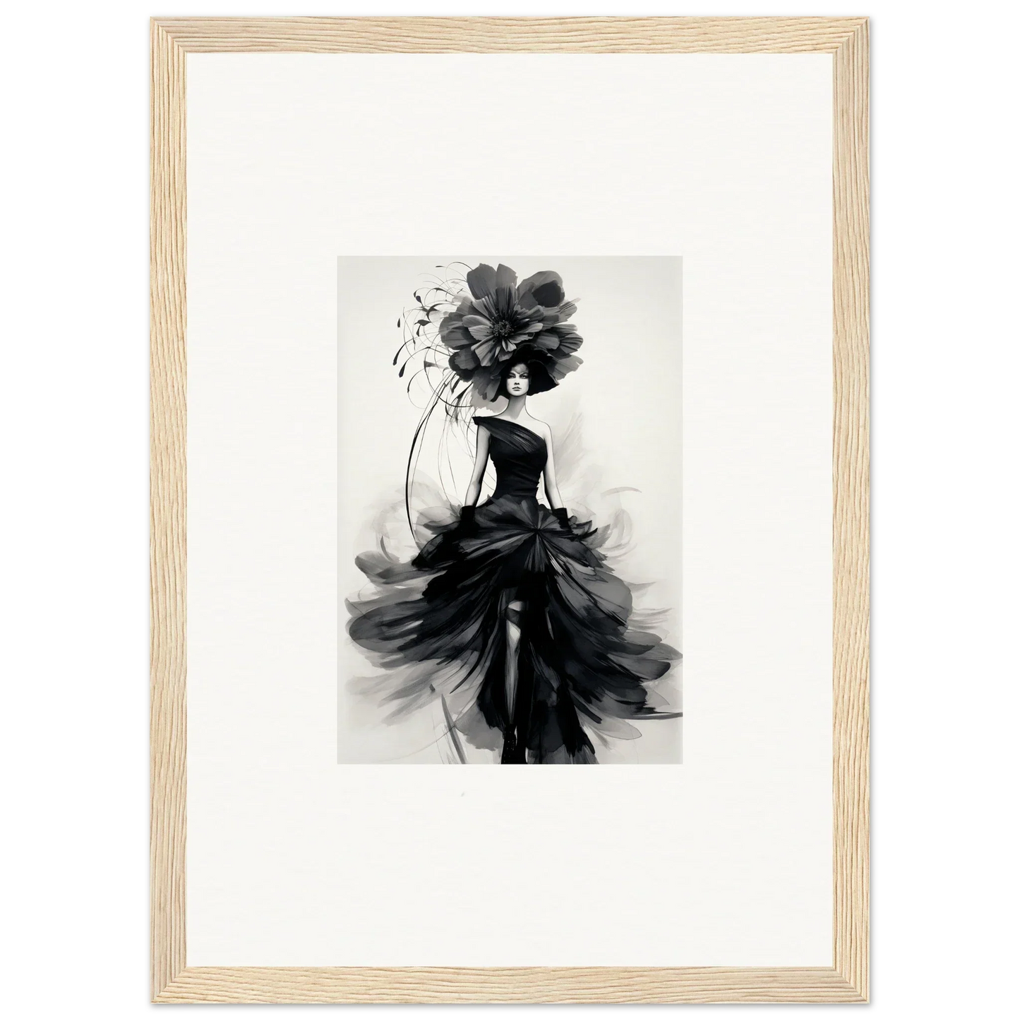 Black and white watercolor of an elegant figure in a flowing gown, Midnight Elegance art