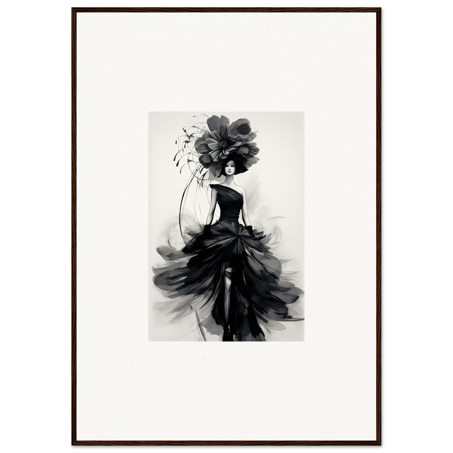 Black and white watercolor of an elegant figure in a flowing gown for Midnight Elegance