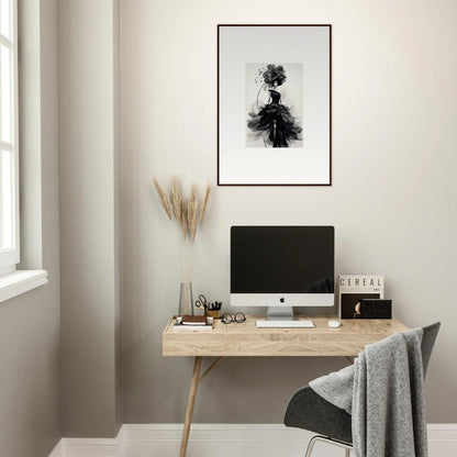 Minimalist home office with iMac on wood desk, featuring Midnight Elegance vibes