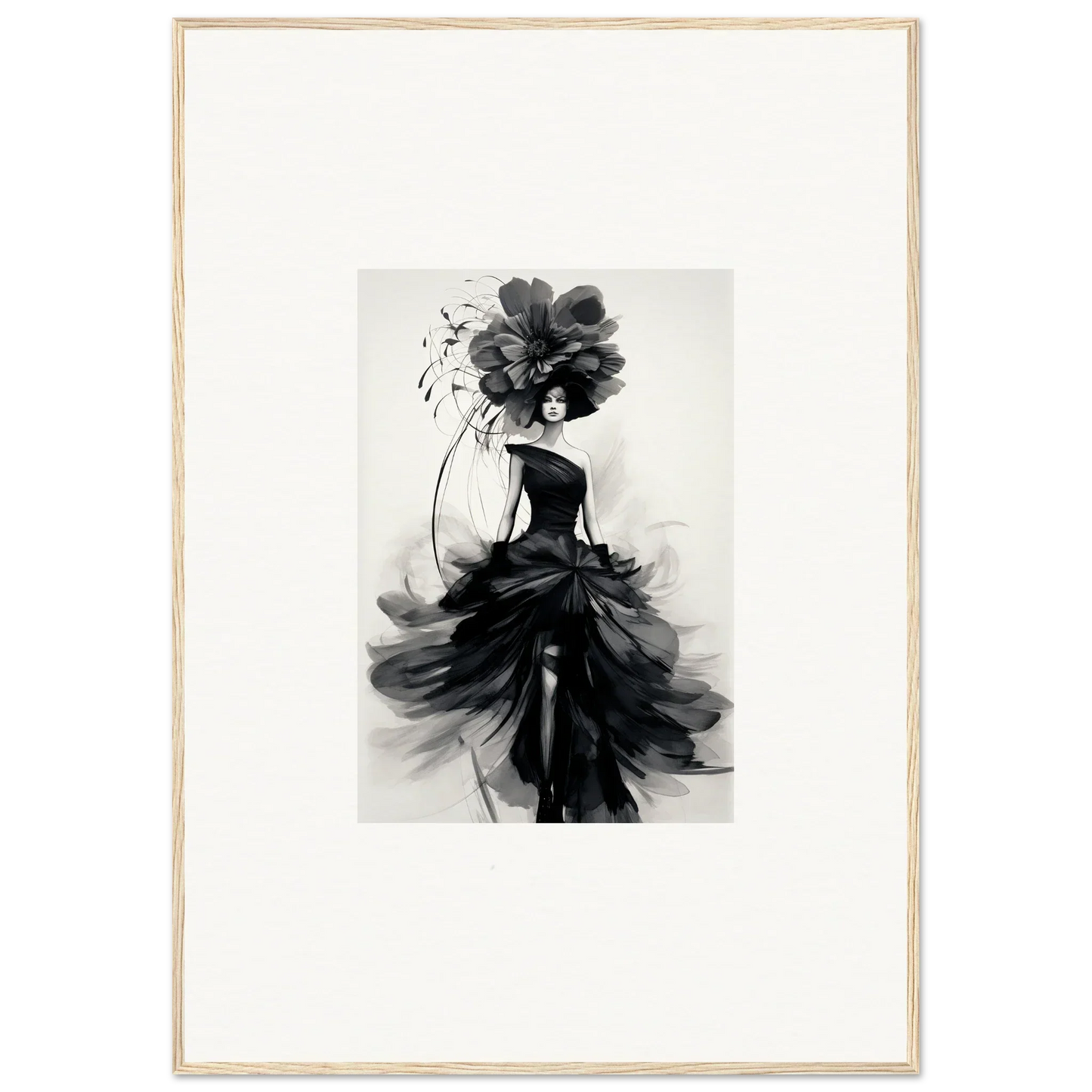 Stunning black and white fashion illustration of a flowing gown for Midnight Elegance