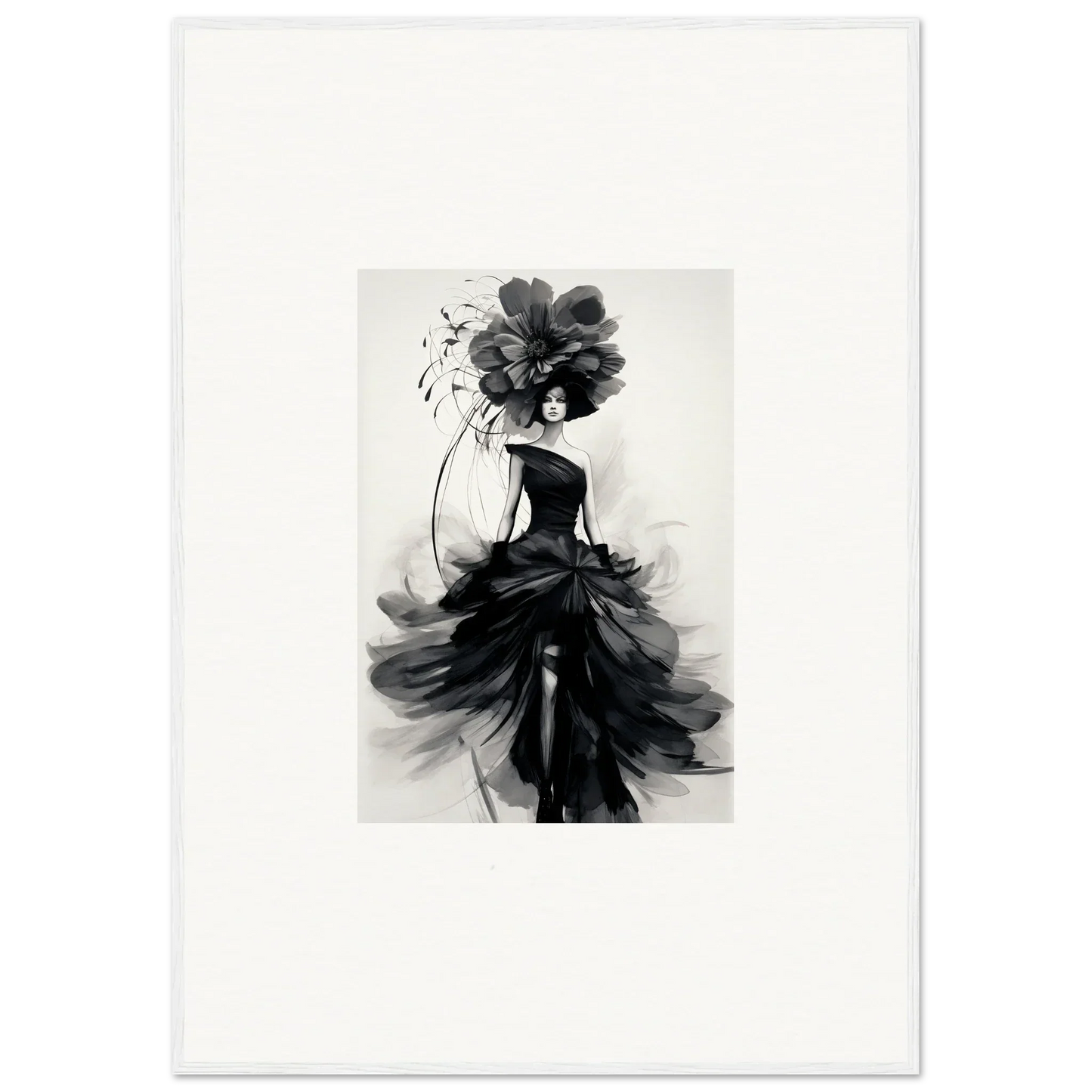 Black and white watercolor of a stunning figure in a flowing gown from Midnight Elegance