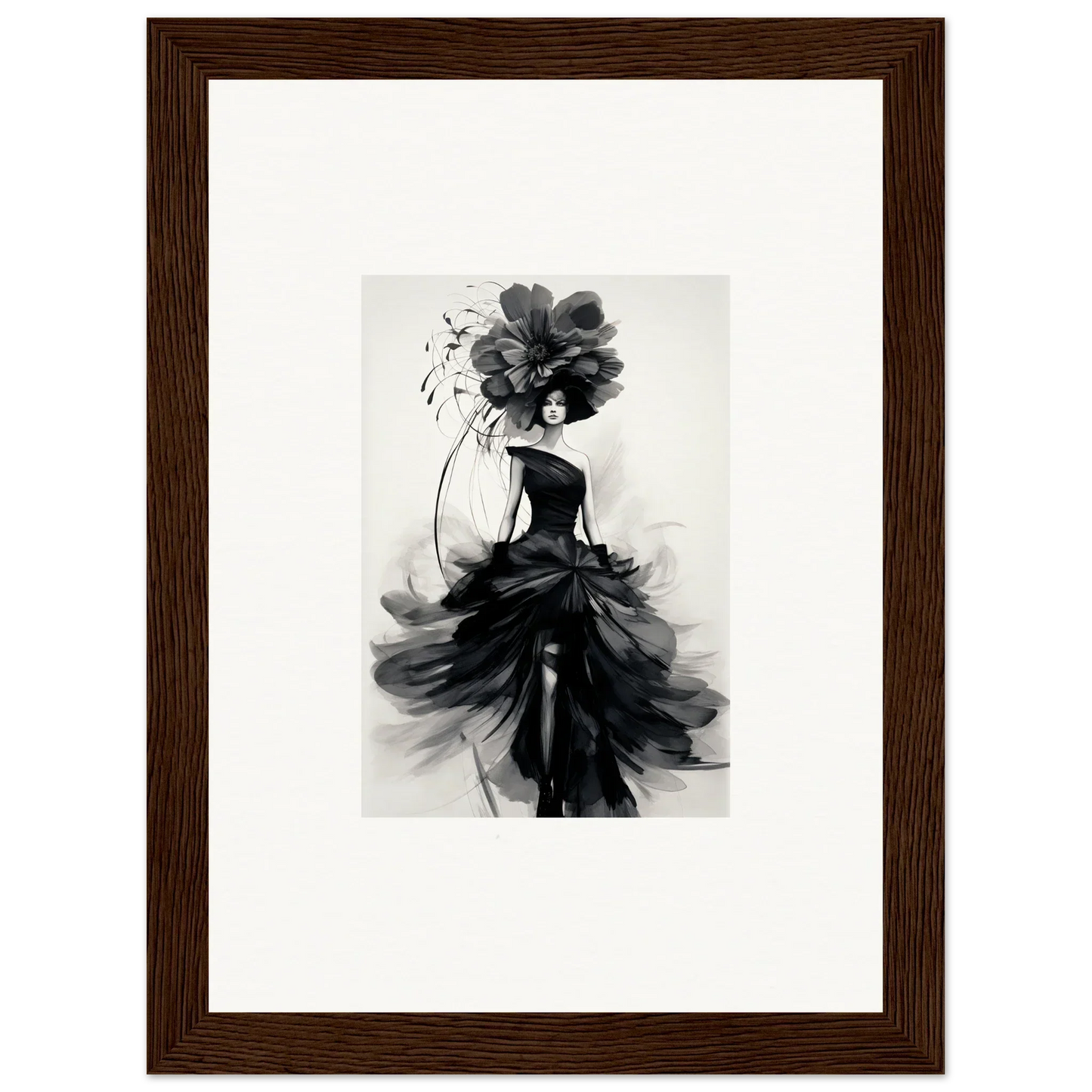 Black and white fashion illustration of a figure in a flowing gown from Midnight Elegance