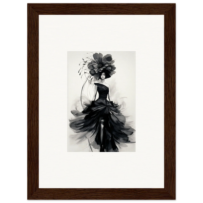 Black and white fashion illustration of a figure in a flowing gown from Midnight Elegance