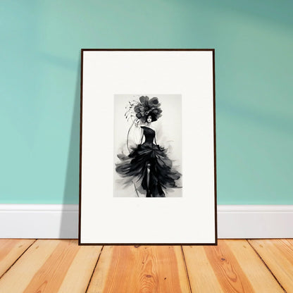 Framed wall art of a flowing evening gown in Midnight Elegance black and white illustration